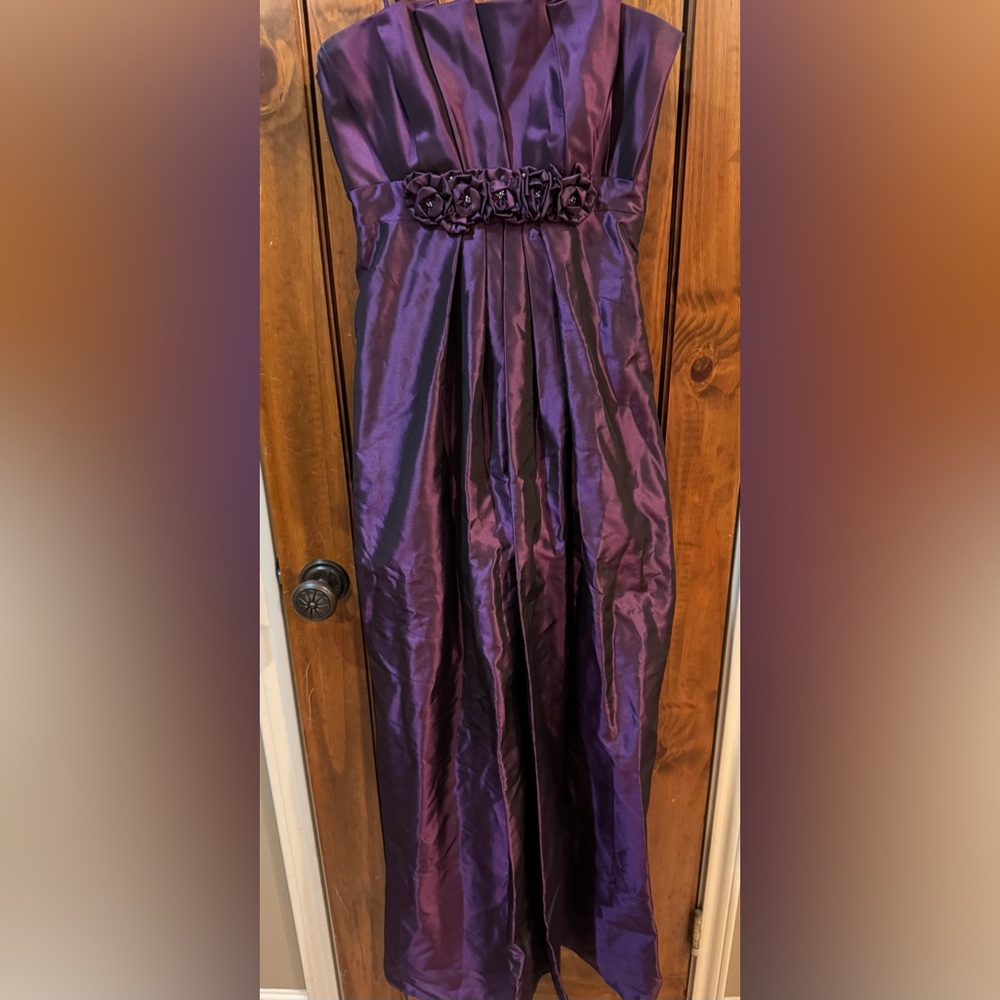 Belsoie Eggplant Purple Satin Evening Gown with Floral Embellishment Waist